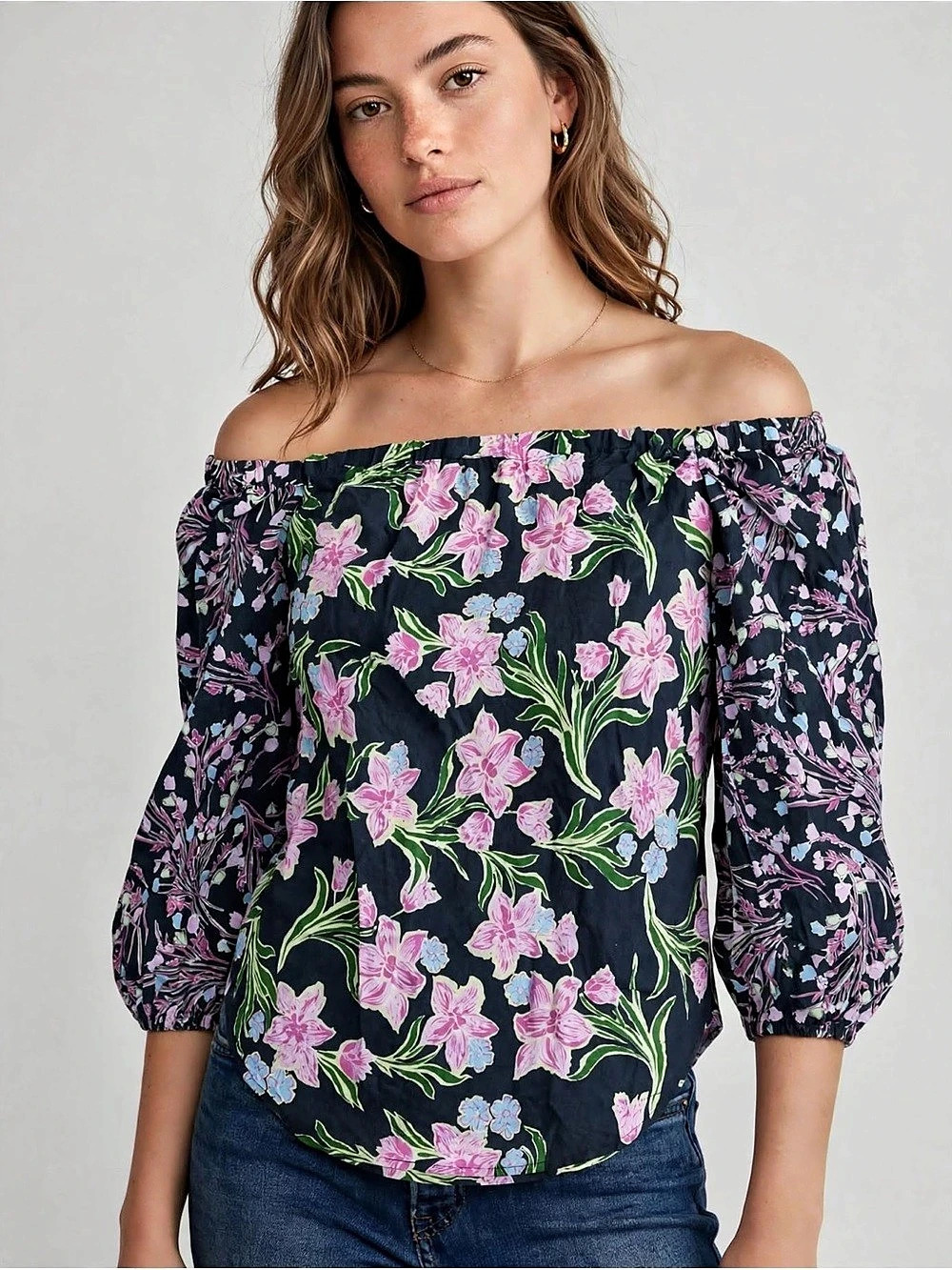 Free People Floral Off-Shoulder Blouse in Blue & Pink Size XS Like New